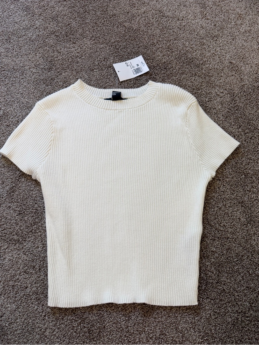 Cream Ribbed Short Sleeve Knit Top
